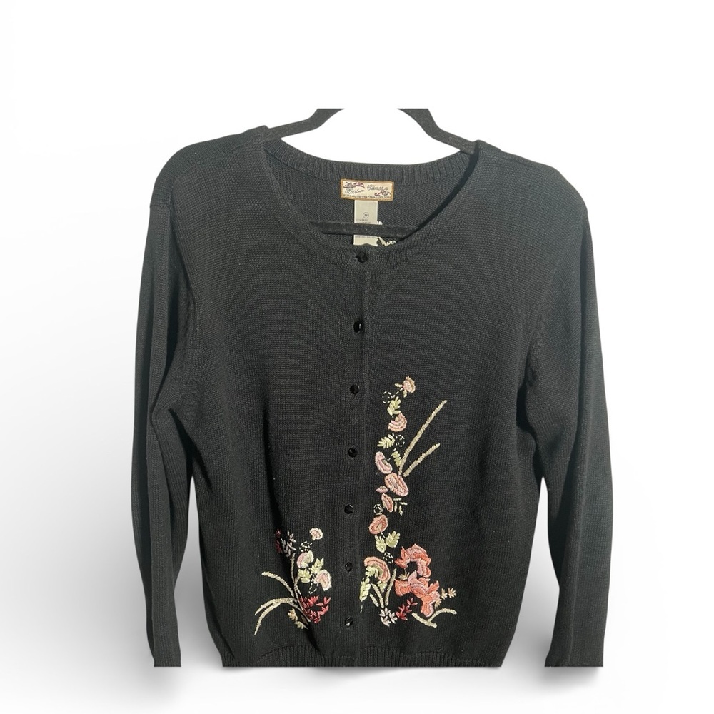 Vintage Heirloom Collectibles Black Cardigan with Floral Embroidery
